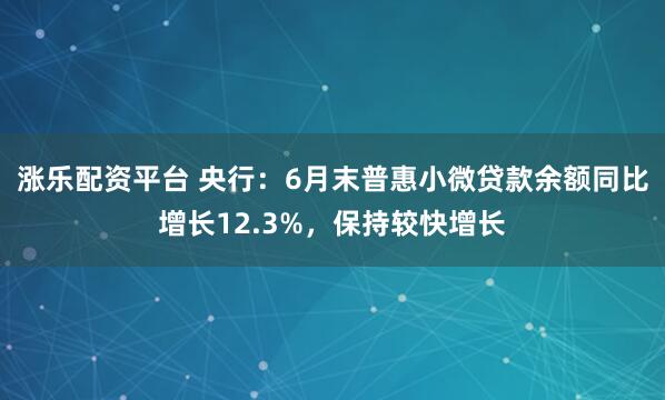 涨乐配资平台 央行:6月末普惠小微贷款余额同比增长12.3%,保持较快增长